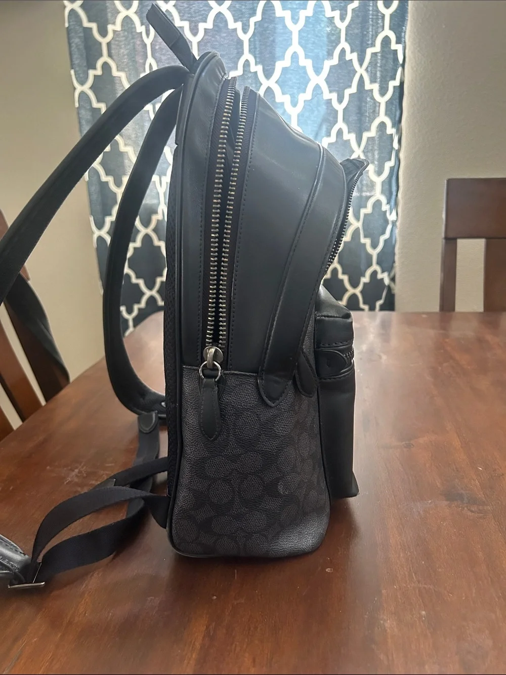 Coach Black and Gray Signature Canvas Backpack with Leather Pocket